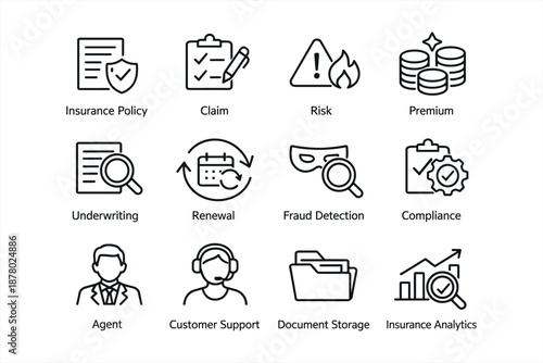 Icon set illustrating insurance concepts with various services and processes