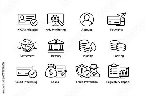 Financial services icons: kyc, aml, banking, loans, fraud prevention, payments