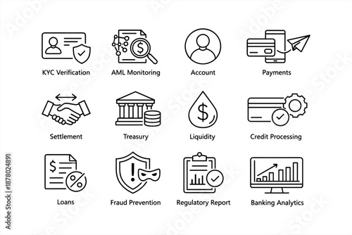 Financial services icons for kyc, aml, payments, and banking analytics