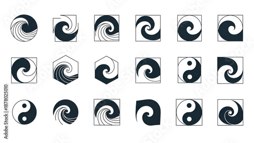 A diverse collection of abstract swirl and wave logos and modern spiral icons.