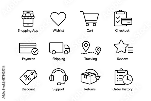 E-commerce icons: shopping cart, checkout, payment, shipping, tracking, review