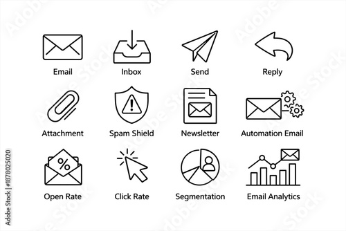 Email communication: icons for inbox, send, and analytics