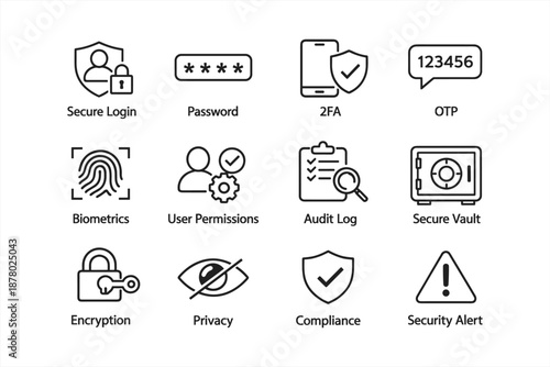 Cybersecurity icons: secure login, password, 2fa, otp, biometrics, encryption