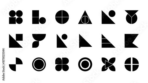 Captivating array of fundamental black geometric shapes on pristine white background.