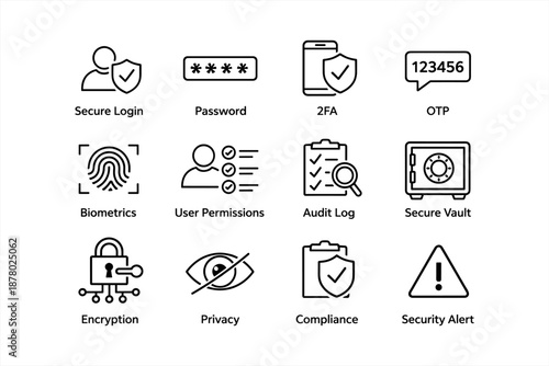 Comprehensive security icons set featuring login, passwords, biometrics, and encryption