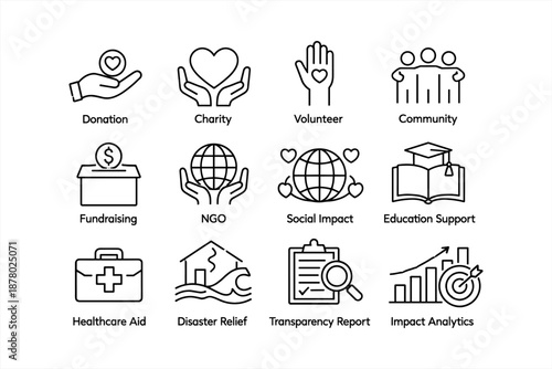 Charity and social impact icons: donation, community, education, healthcare, analytics