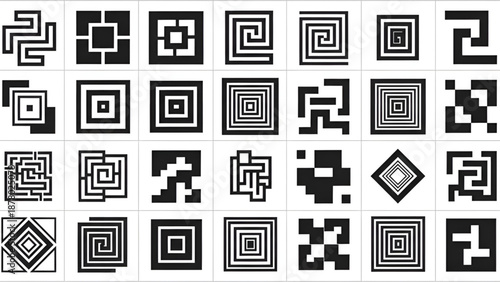 Intricate collection of black and white maze-like geometric square patterns.