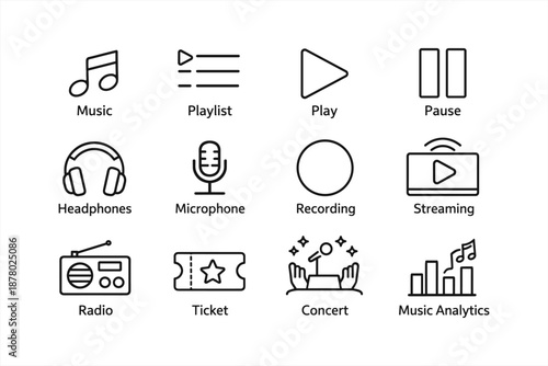 Music icons collection: playlist, play, headphones, microphone, streaming, radio, concert