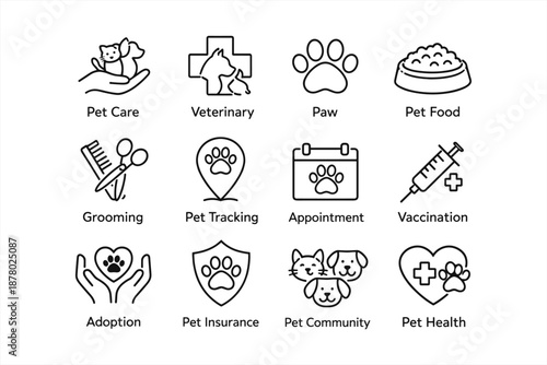 Pet care icons: veterinary, paw, food, grooming, adoption, health, insurance