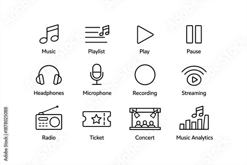 Music icons set: headphones, microphone, streaming, concert, playlist