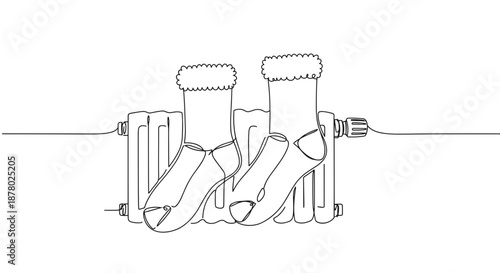 Line drawing of two pairs of socks drying on a radiator isolated on white background