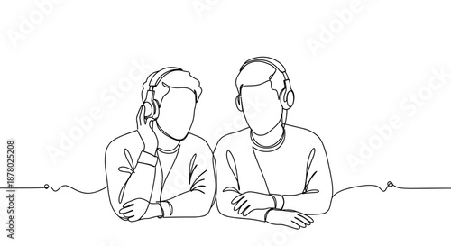 Line drawing of two people listening to music with headphones, sitting at a table, isolated on a transparent background