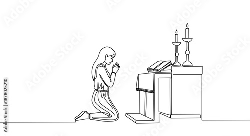 Line drawing of a woman kneeling in prayer by a candle-lit altar with a solemn expression on a transparent background