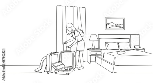 Line drawing of a woman unpacking a suitcase in a hotel room with a bed, curtains, and a nightstand on a transparent background
