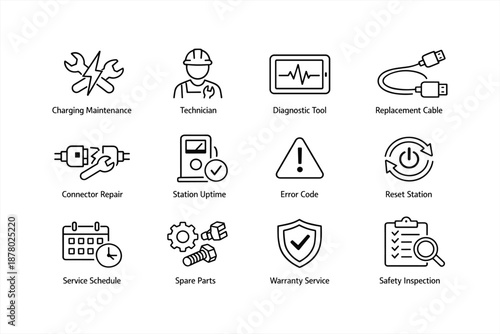 Icons representing charging maintenance and repair services for electronic devices