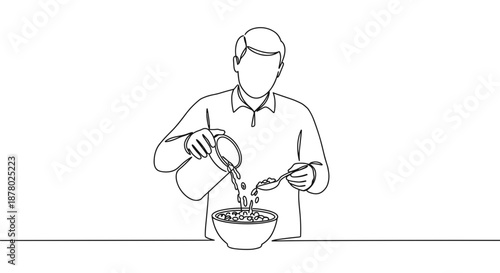 Line drawing of a person mixing ingredients in a bowl with a spoon on a table, isolated on white background