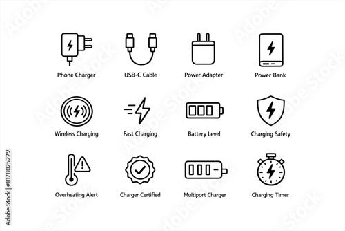Electronic charging icons: phone charger, usb-c, power adapter, battery level, safety