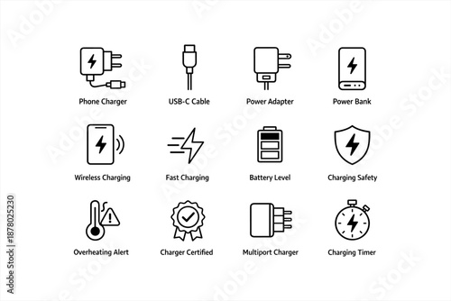 Phone charging icons: cables, adapters, power banks, and safety symbols