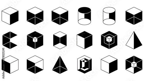 Collection of fundamental geometric solids presented in stark black and white isometric projection.