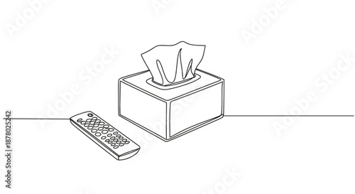 Line drawing of a tissue box with tissues and a remote control on a flat surface isolated on white background