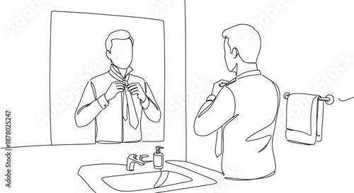 Line drawing of a man adjusting his tie while looking in the mirror in a bathroom on a transparent background