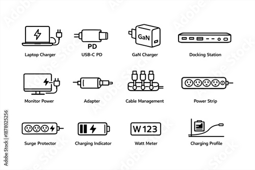 Electronic accessories icons: laptop charger, usb-c pd, gan adapter, power strip, docking station