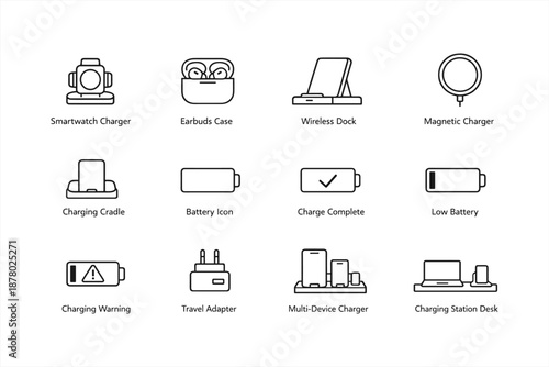 Set of minimalist icons for charging and battery devices