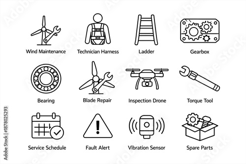 Wind turbine maintenance icons: technician harness, ladder, gearbox, drone, tools, sensors