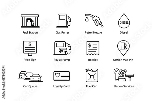 Icon set of fuel station, gas pump, and related services