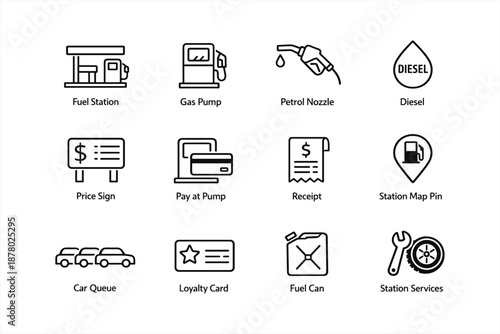 Fuel station icons: gas pump, petrol nozzle, diesel, price sign, loyalty card