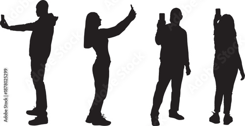 vector, silhouette group of people taking a self-portrait with smartphone