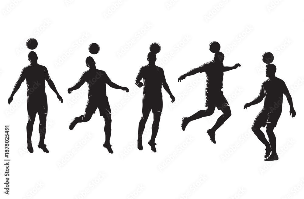 Obraz premium Football Player Silhouette Vector Icon Set – Dynamic Kicking Poses, Athletic Balance on White Background