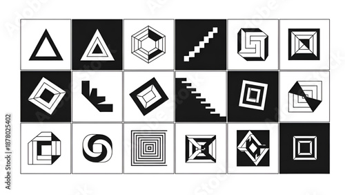 Array of abstract black and white geometric designs featuring various shapes and optical patterns.