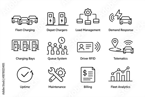 Electric fleet charging infrastructure icons for efficient management and operations