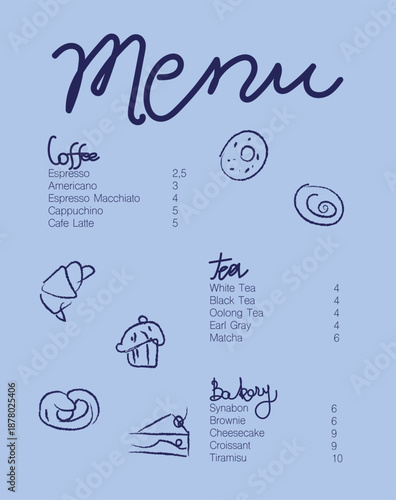 Menu Design - Coffee, Tea and Bakery Price List with Hand-Drawn Illustrations. Elegant minimalist cafe menu template featuring a warm beige and brown color scheme.