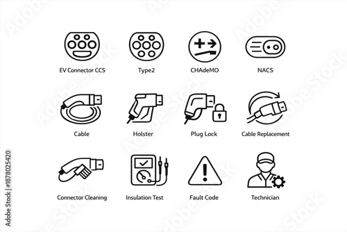 Electric vehicle charging icons: ev connector, cable, holster, plug lock, technician