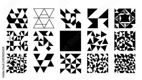 A diverse compilation of abstract black and white triangle patterns in various geometric arrangements.