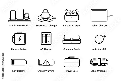 Assorted charging devices and accessories icons set
