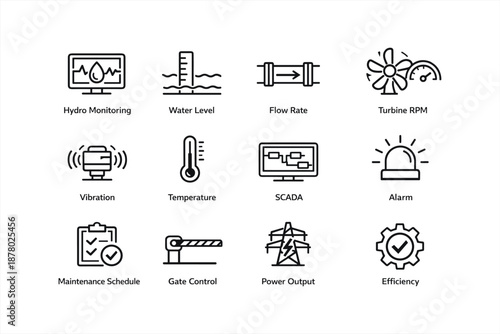 Industrial monitoring icons set with hydro, flow, and power symbols