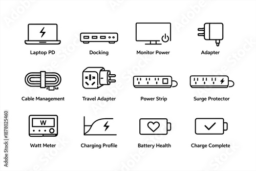 Energy devices icons: laptop, docking, monitor, adapter, power strip, battery
