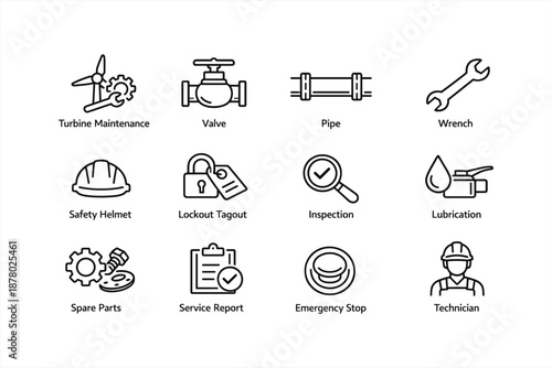 Industrial maintenance icons: tools, safety gear, and machinery for efficient operations