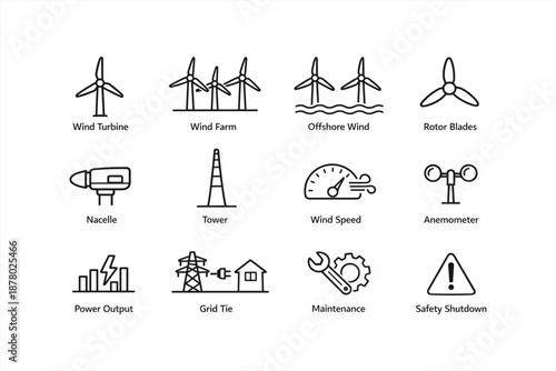 Wind energy icons: turbines, farms, offshore, speed, safety symbols for renewable tech