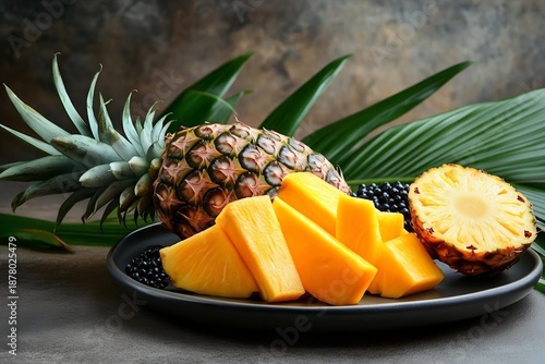 sri lankan tropical fruit platter with mango, pineapple and papaya on clean background