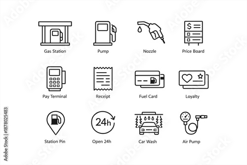 Gas station icons: pump, nozzle, price, payment, car wash, loyalty features