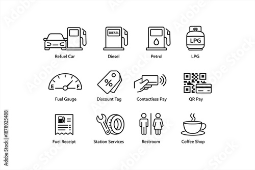 Gas station icons: refueling, payment methods, and services overview