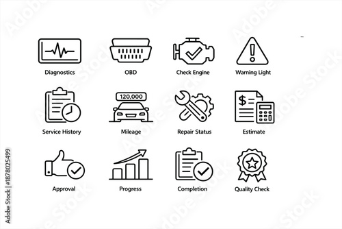 Car maintenance icons: diagnostics, check engine, repair tools, estimate, quality check