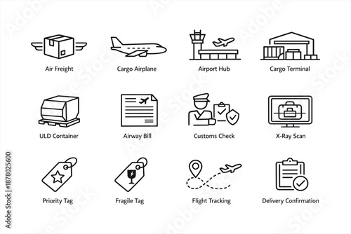 Cargo and logistics icons: air freight, customs, delivery tracking