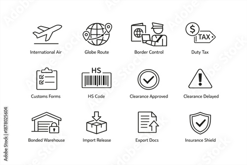 International shipping icons: air travel, customs, tax, and more
