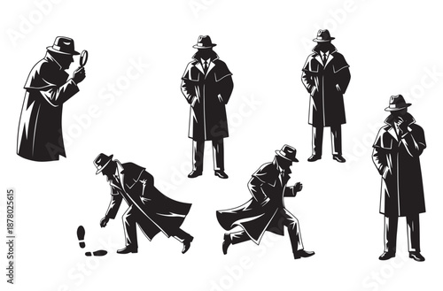 Detective Silhouette Vector Icon Set – Hat and Coat in Varied Mystery Poses on White Background