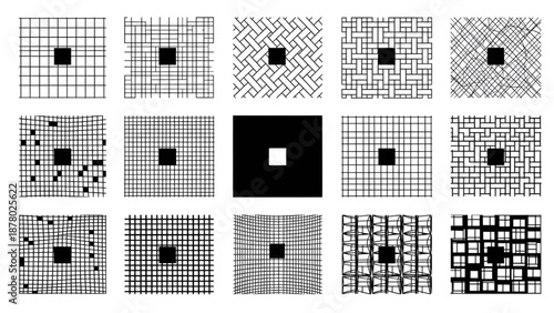 Diverse compilation of black and white grid patterns, some with optical distortions.